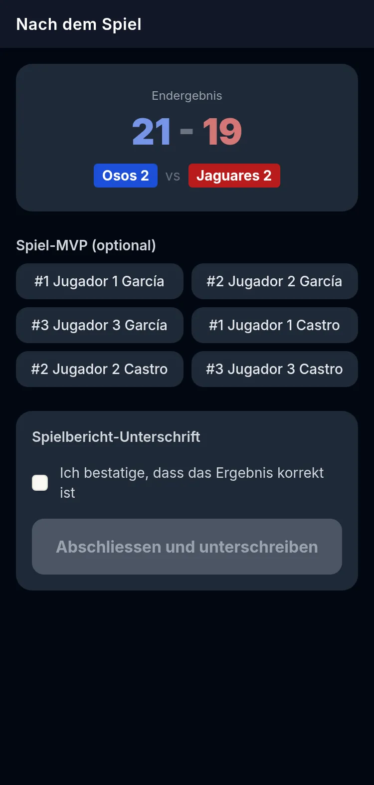 Nachspiel-Bildschirm der Scorer APP auf einem Handy: das Endergebnis mit beiden Teams, die Spielerliste zur MVP-Wahl und der Block zur Unterschrift des Berichts mit dem Kästchen zur Bestätigung des Stands.