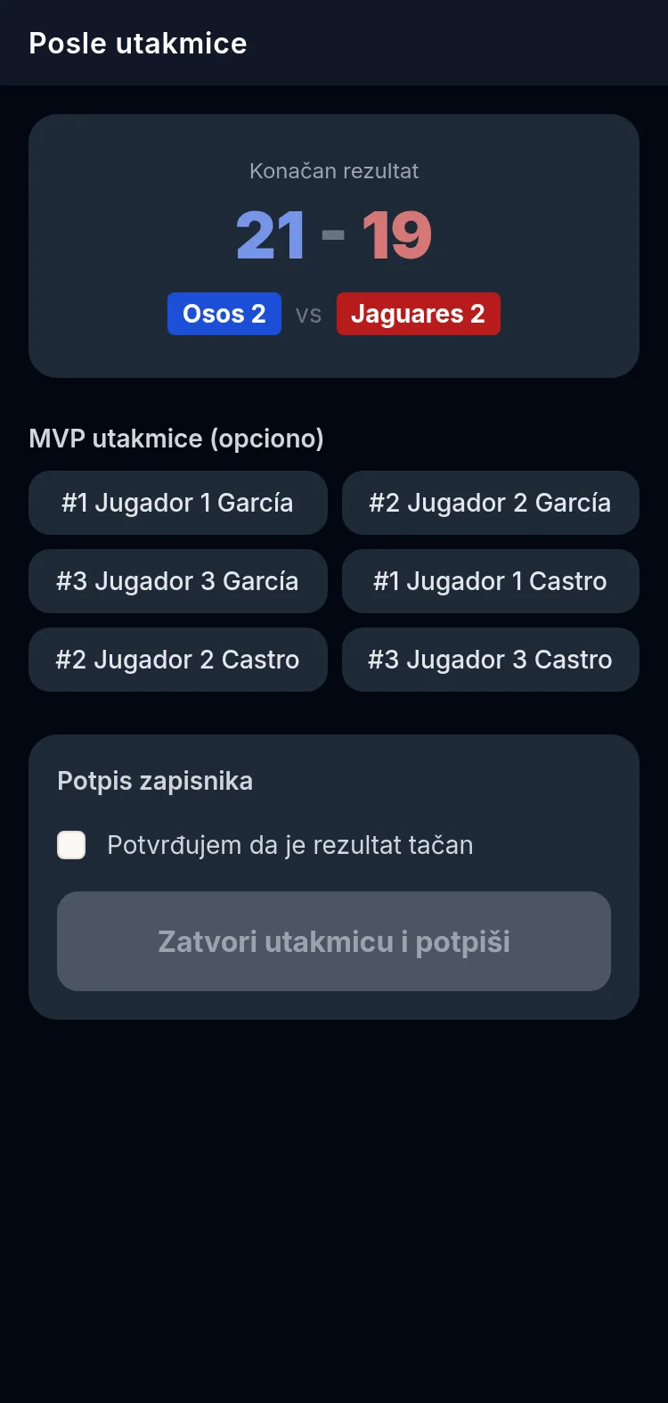 Ekran posle utakmice u Scorer APP na telefonu: konačan rezultat sa obe ekipe, spisak igrača za izbor MVP-ja i blok za potpisivanje zapisnika sa poljem za potvrdu da je rezultat tačan.