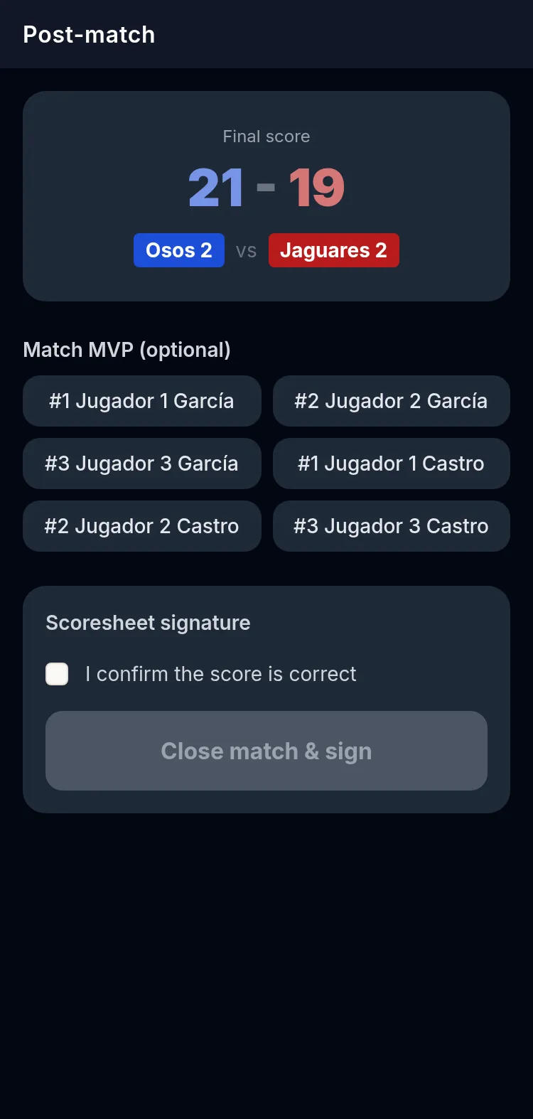 Post-game screen of the Scorer APP on a phone: the final result with both teams, the player list to pick the MVP and the game sheet signing block with the checkbox confirming the score is correct.