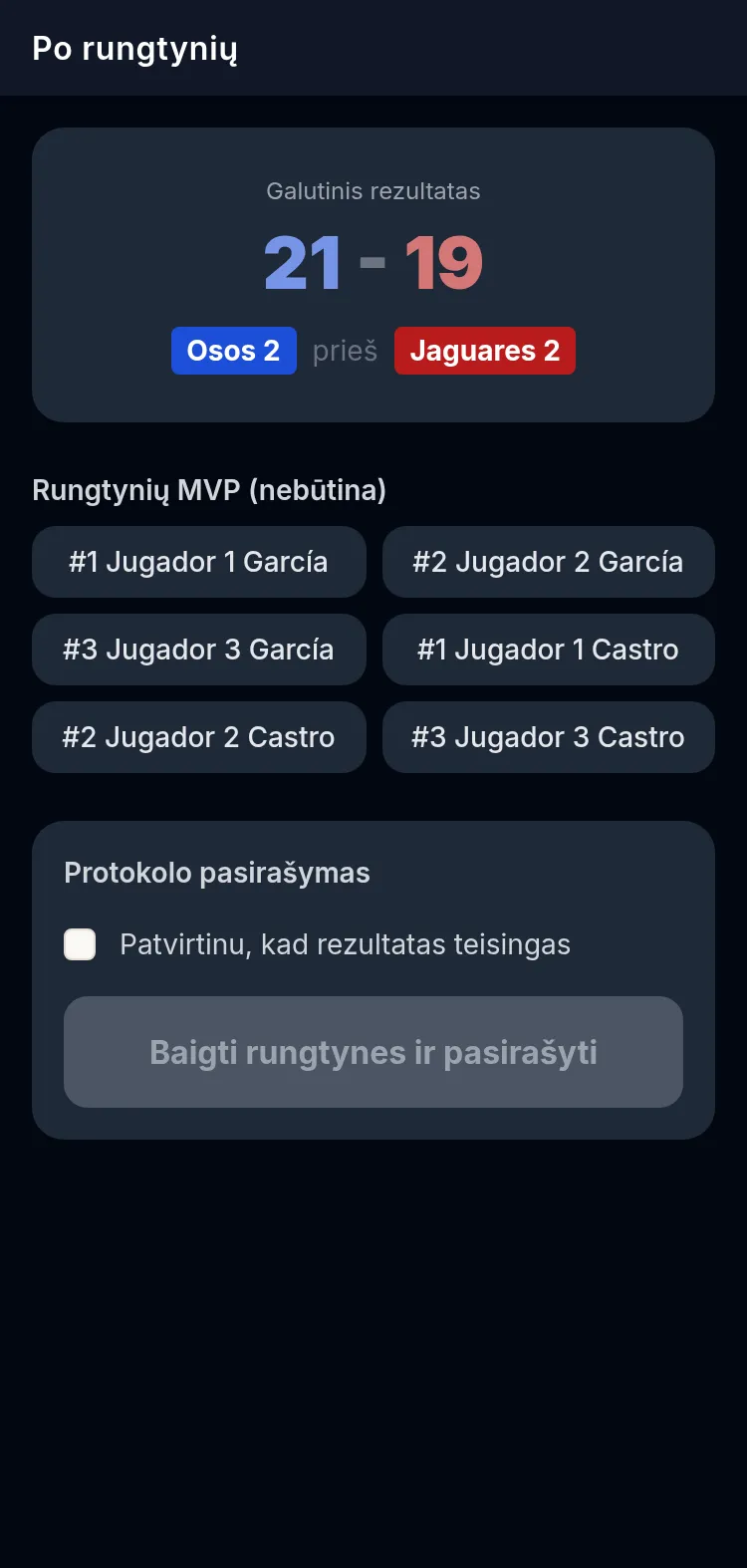 Scorer APP po rungtynių ekranas telefone: galutinis rezultatas su abiem komandomis, žaidėjų sąrašas MVP išrinkti ir protokolo pasirašymo blokas su langeliu, patvirtinančiu, kad rezultatas teisingas.