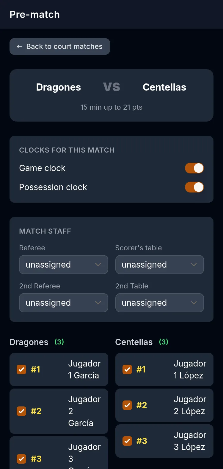 Pre-game screen of the Scorer APP on a phone: the two teams with their duration and target points, the game clock and shot clock switches, the game staff, and each player's jersey numbers.
