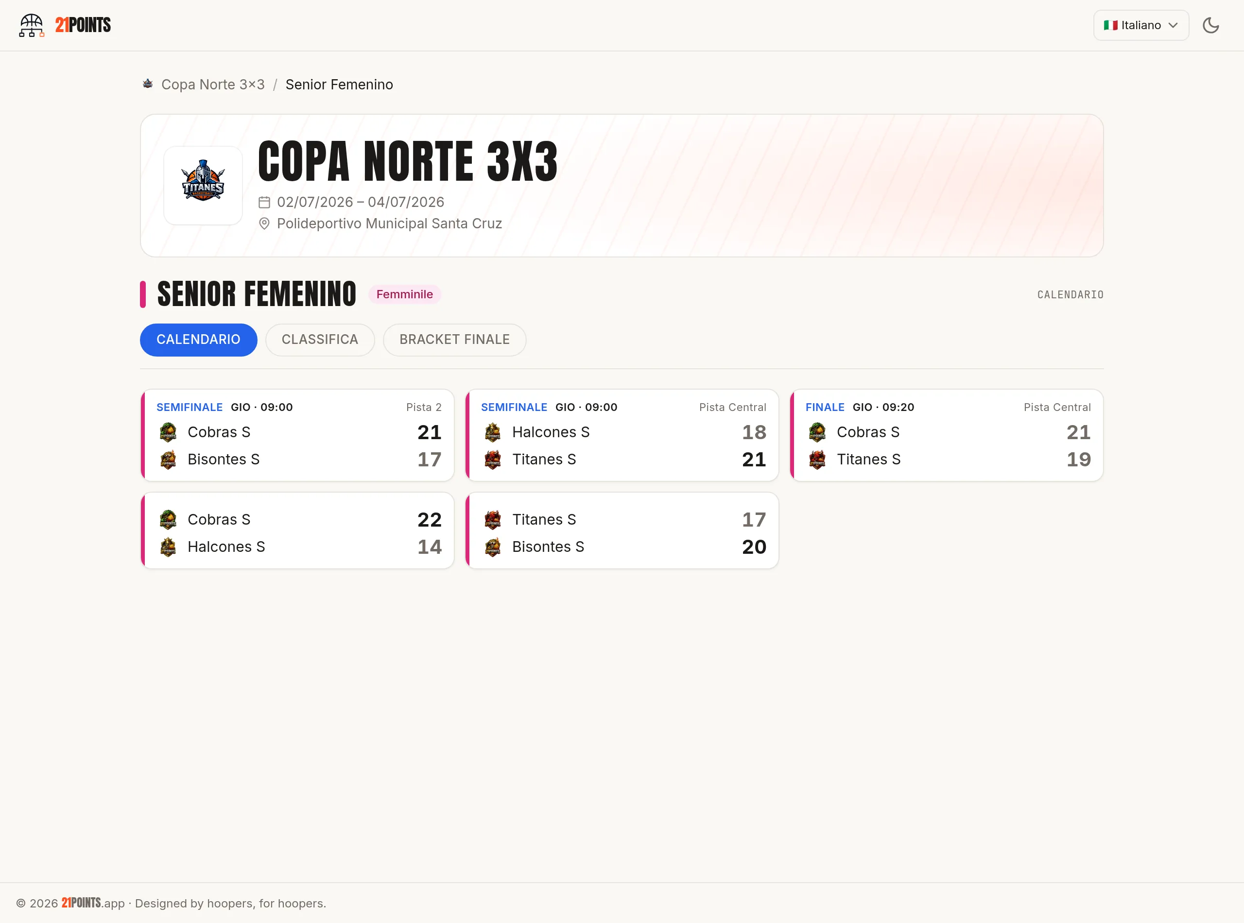 Pagina pubblica di una categoria con l'intestazione dell'evento, le schede Calendario, Classifica e Tabellone finale, e le card di semifinali e finale con i loro risultati.