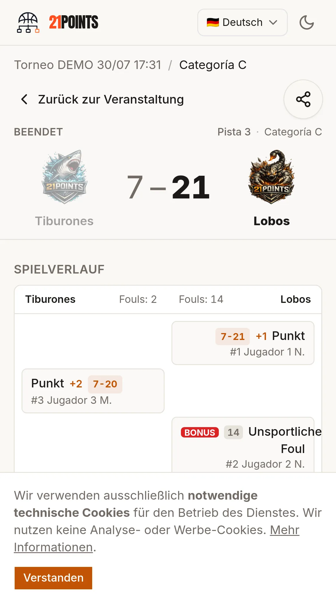 Spielseite auf einem Handy: beendetes Spiel 21-20 zwischen Equipo 4 M und Equipo 2 M, mit dem Abschnitt „Zug um Zug“, der Punkte pro Spieler und Nummer sowie die Fouls jedes Teams aufführt.