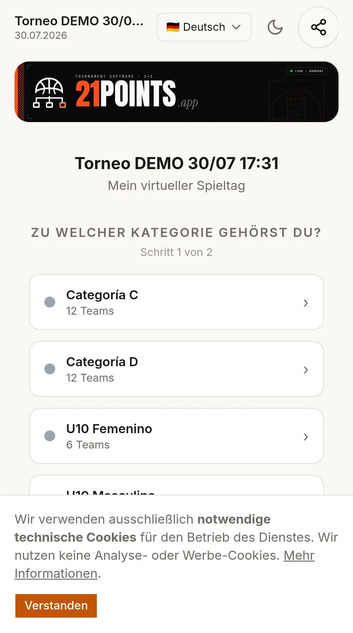 Mein Spieltag auf einem Handy: die Frage „Zu welcher Kategorie gehörst du?“, Schritt 1 von 2, mit den vier Kategorien des Turniers und ihrer Teamzahl.