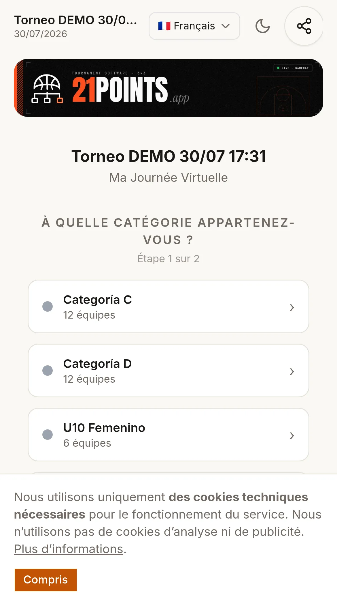 Ma Journée sur un téléphone : la question « À quelle catégorie appartenez-vous ? », étape 1 sur 2, avec les quatre catégories du tournoi et leur nombre d'équipes.