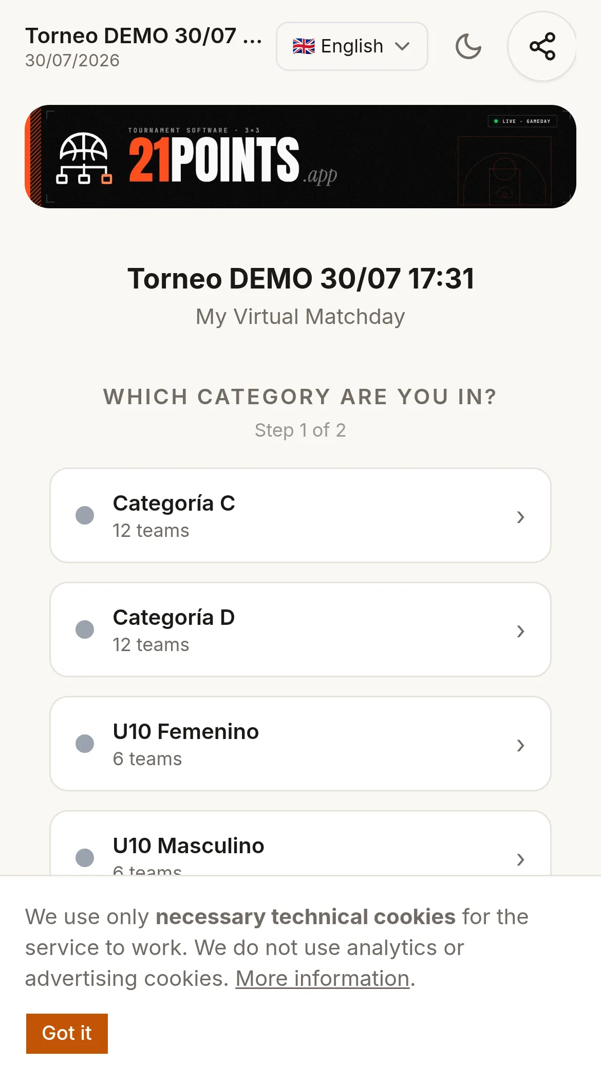 My Match Day on a phone: the question “Which category do you belong to?”, step 1 of 2, with the tournament's four categories and their number of teams.
