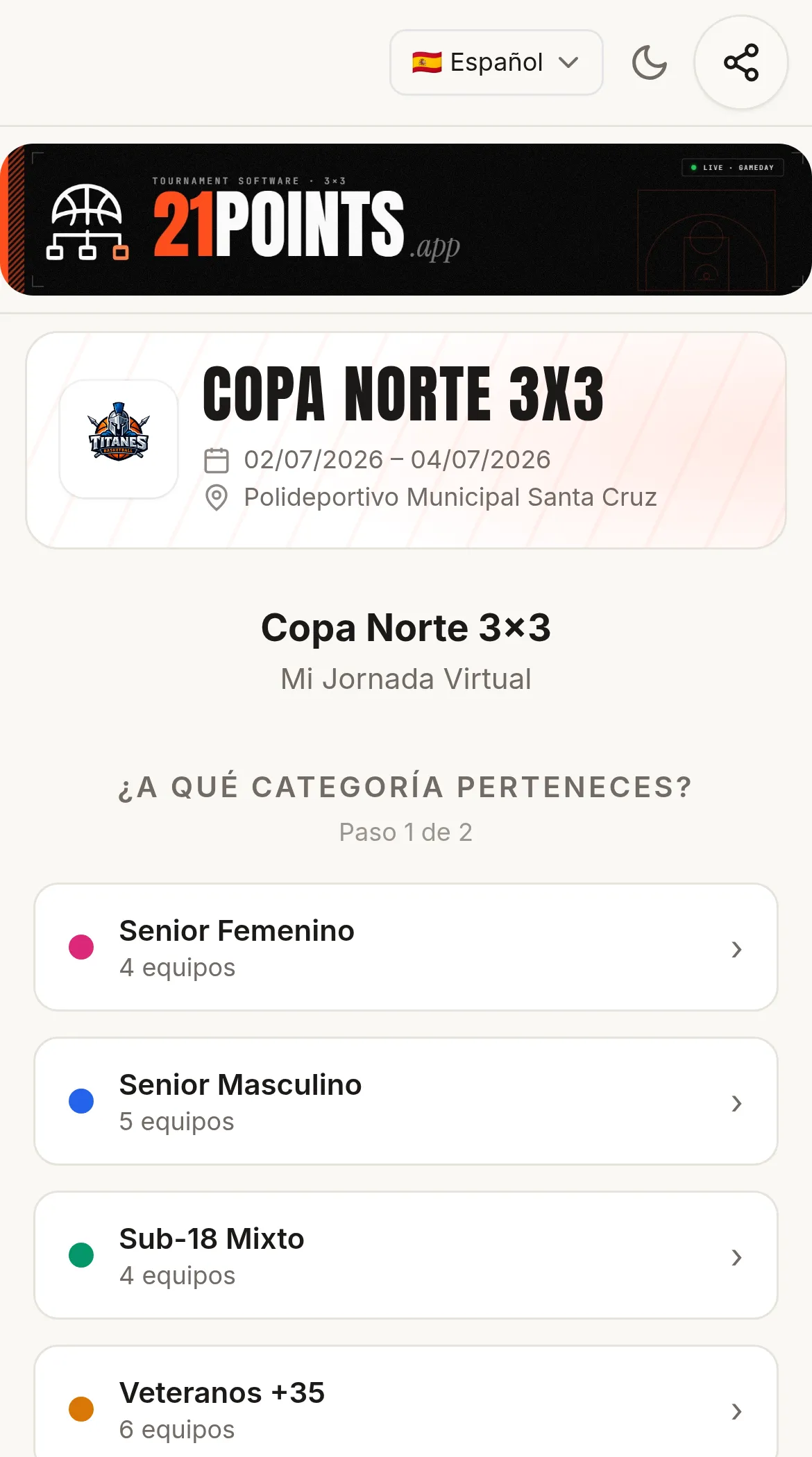 Mi Jornada vista en un móvil: pregunta «¿A qué categoría perteneces?», paso 1 de 2, con las cuatro categorías del torneo y su número de equipos.