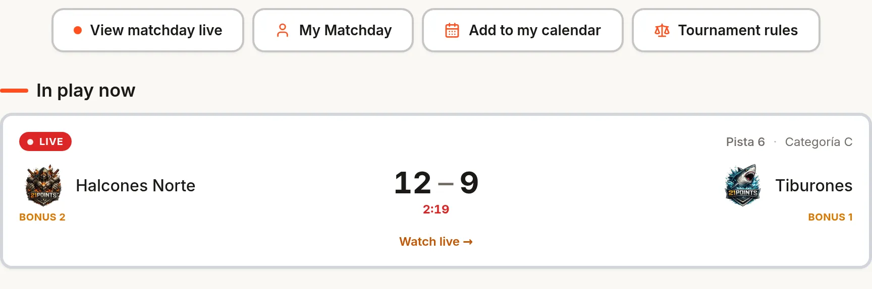 Public event page: header with the club's brand, tournament name and dates, live match day and calendar buttons, and a game “In play now”.