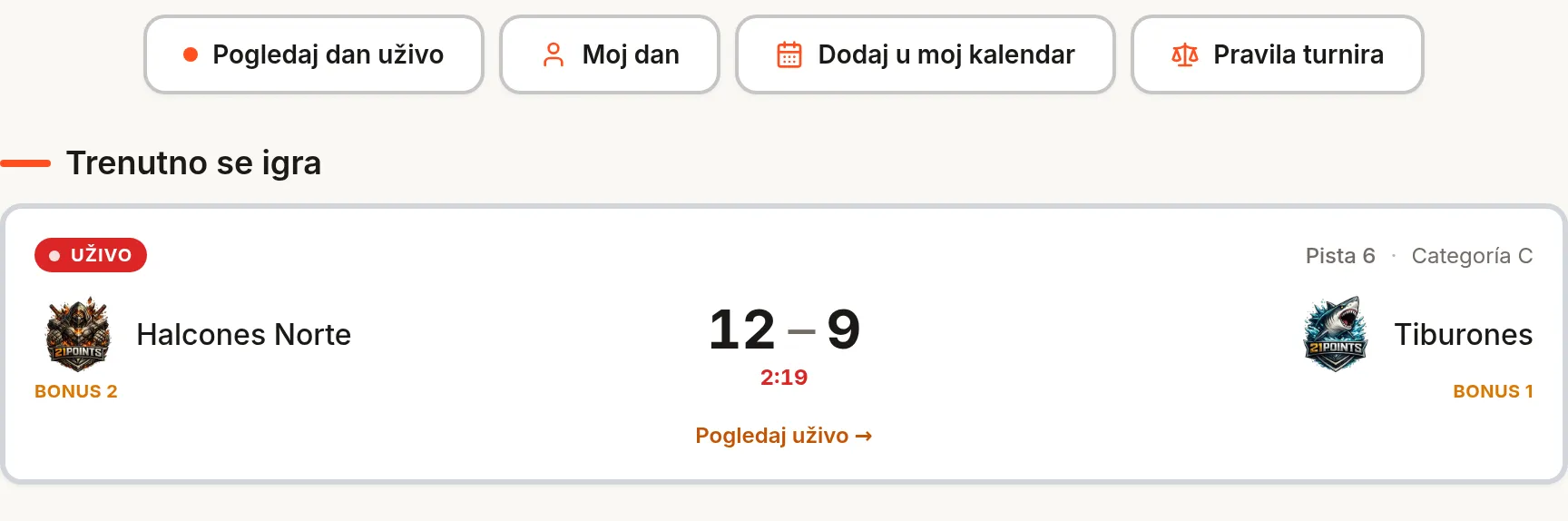 Javna stranica događaja: zaglavlje sa brendom kluba, naziv i datumi turnira, dugmad za kolo uživo i kalendar, i utakmica « U toku sada ».